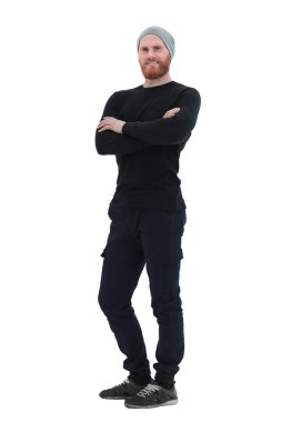 tam büyüme. gülümseyen sakallı adam kopya uzaya bakıyor