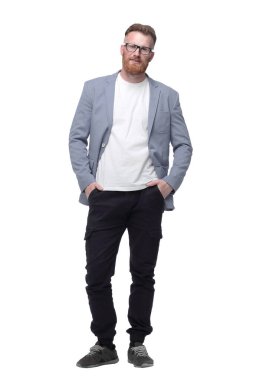 ceplerinde elleri ile emin iş adamı . beyaz izole