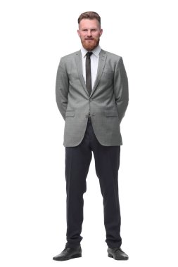 Tam gelişim. Kendine güvenen iş adamı beyaz üzerine izole