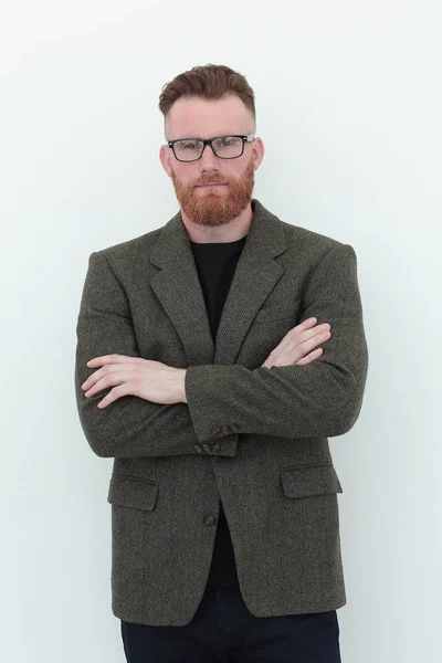 Bonito barbudo homem com glasses.isolated no branco — Fotografia de Stock