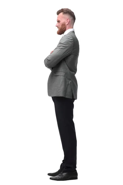 Homem de negócios confiante olha para a frente no espaço de cópia. isolado em branco — Fotografia de Stock