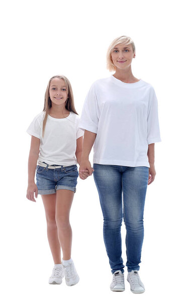 full length . mom and daughter in white t-shirts standing together
