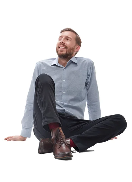 В полный рост уставший бизнесмен, сидящий на полу — стоковое фото