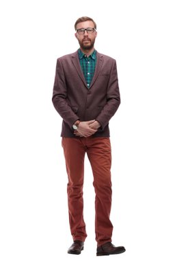 tam büyüme. gözlüklü ciddi hipster adam. beyaz izole