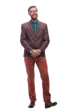 tam büyüme. gözlüklü ciddi hipster adam. beyaz izole