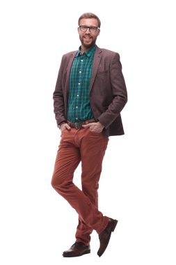 tam büyüme. gözlüklü ciddi hipster adam. beyaz izole