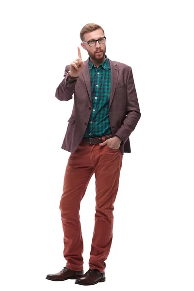 En pleno crecimiento. un hombre hipster serio mostrando un gesto de atención. aislado en blanco —  Fotos de Stock
