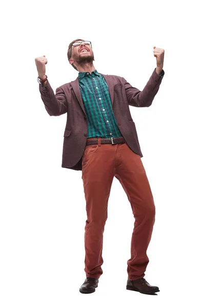 Emocionado hombre feliz triunfa. aislado en blanco — Foto de Stock