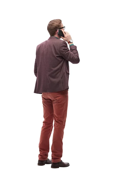 Вид сзади. молодой человек со смартфоном, смотрящий на экран — стоковое фото