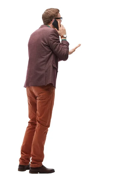 Vista trasera. joven con teléfono inteligente mirando a la pantalla en blanco —  Fotos de Stock