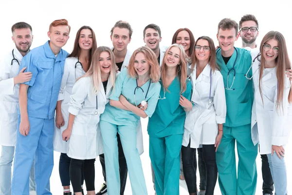 Ansicht von oben. eine Gruppe lächelnder Ärzte zeigt auf dich. — Stockfoto