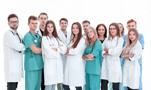 Vista dall'alto. un gruppo di medici sorridenti che ti indicano. — Foto Stock