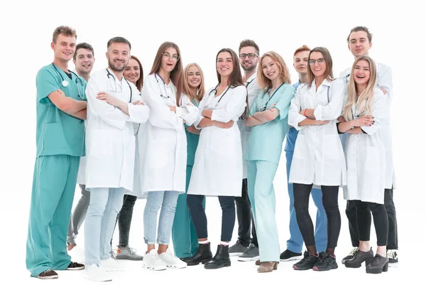 Bovenaanzicht. een groep lachende dokters die naar je wijzen. — Stockfoto