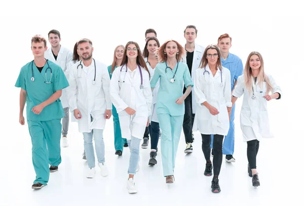 Vista superior. un grupo de doctores sonrientes señalándote. — Foto de Stock