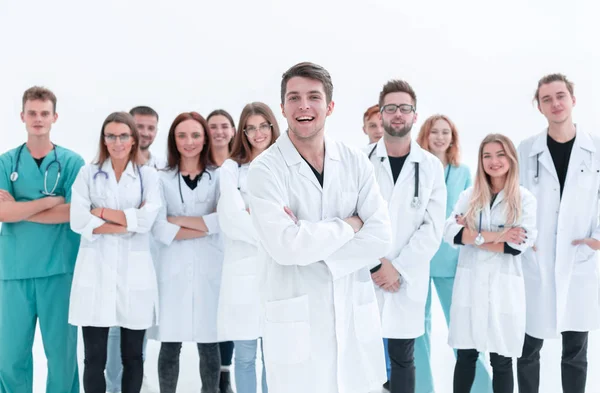 Bovenaanzicht. een groep lachende dokters die naar je wijzen. — Stockfoto