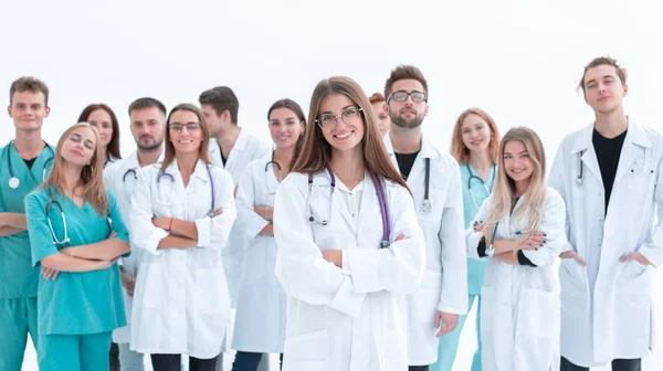 Bovenaanzicht. een groep lachende dokters die naar je wijzen. — Stockfoto