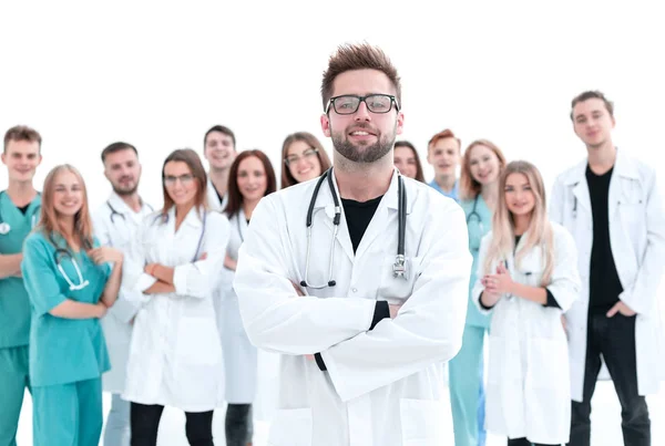 Vista dall'alto. un gruppo di medici sorridenti che ti indicano. — Foto Stock