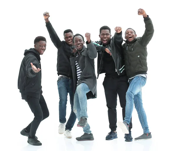 Group of happy guys standing with hands up . isolated on white — 스톡 사진