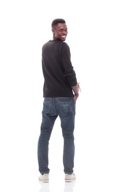 Boş beyaz ekrana bakan sıradan bir adam. beyaz üzerine izole