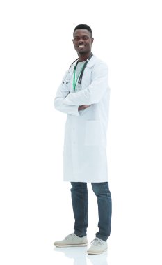 Tam gelişim. Beyaz önlüklü ciddi bir doktor..