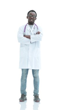 Tam gelişim. Gülümseyen doktor kameraya bakıyor..