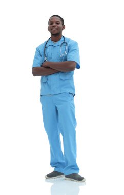 Tam gelişim. Kendine güvenen genç bir doktorun portresi.