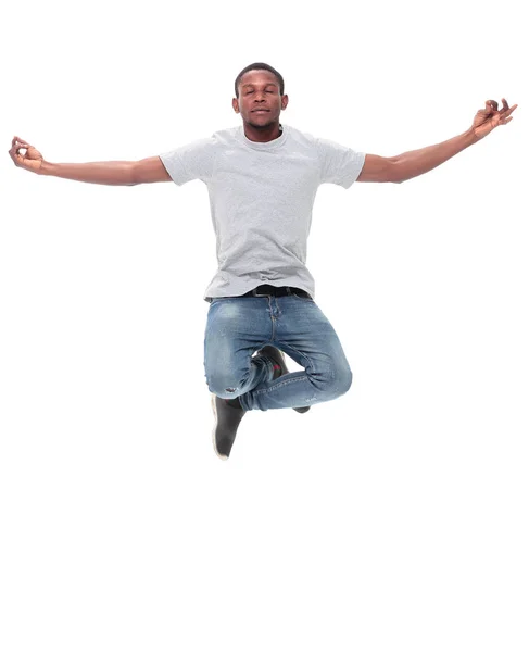 Szczęśliwy facet skaczący ze szczęścia. izolowany na białym — Zdjęcie stockowe