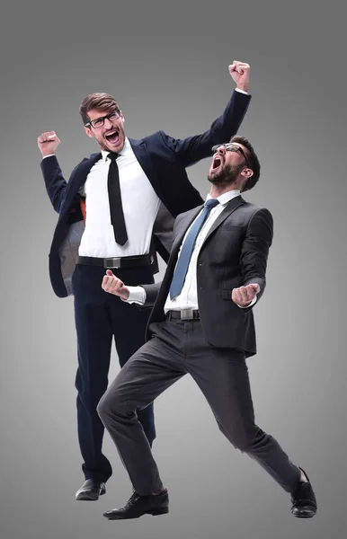 En pleno crecimiento. dos jóvenes empresarios muy felices — Foto de Stock