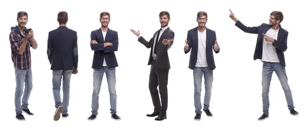 Collage fotografico di successo giovane uomo moderno.. isolato su bianco — Foto Stock