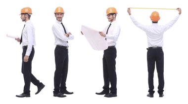 Tam gelişim içinde. Becerikli mühendis mimar beyaza izole edilmiş.