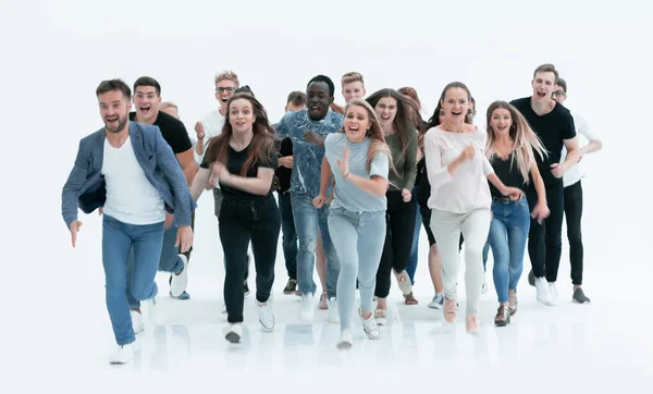 Em pleno crescimento. jovens sorridentes apressando-se para o seu objetivo — Fotografia de Stock