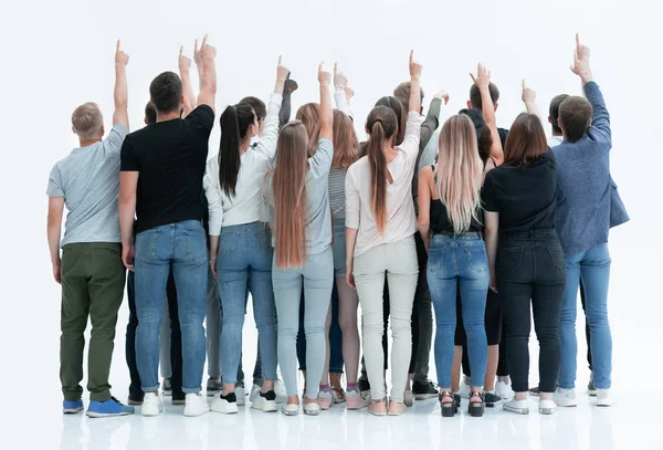 Grupa różnorodnych młodych ludzi wskazujących na pusty ekran. — Zdjęcie stockowe