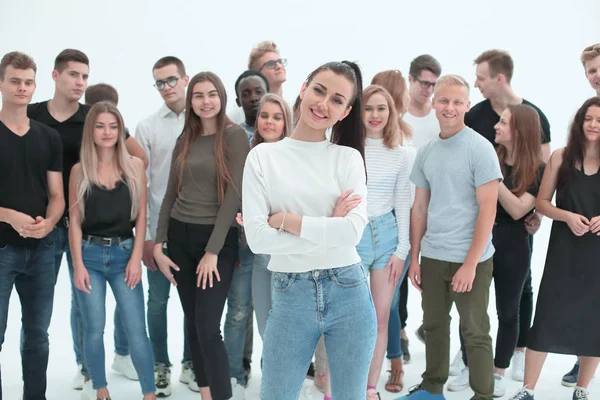 Glad gruppledare står framför sitt lag. — Stockfoto