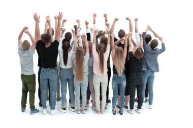 Dikiz aynası. Elleri havada hırslı bir grup genç.