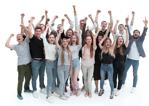 Ambitiöst team av ungdomar med händerna över huvudet — Stockfoto