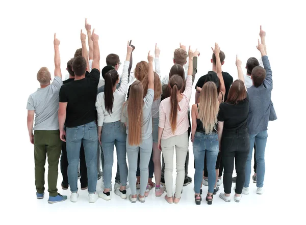 Large team of young people pointing somewhere up . — Stock Photo, Image