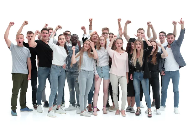 Велика команда щасливих молодих людей, що стоять разом — стокове фото