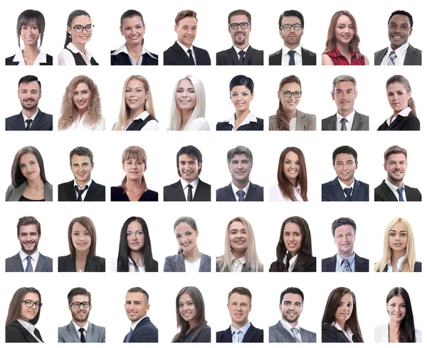 Collage di ritratti di dipendenti di successo isolati su bianco — Foto Stock