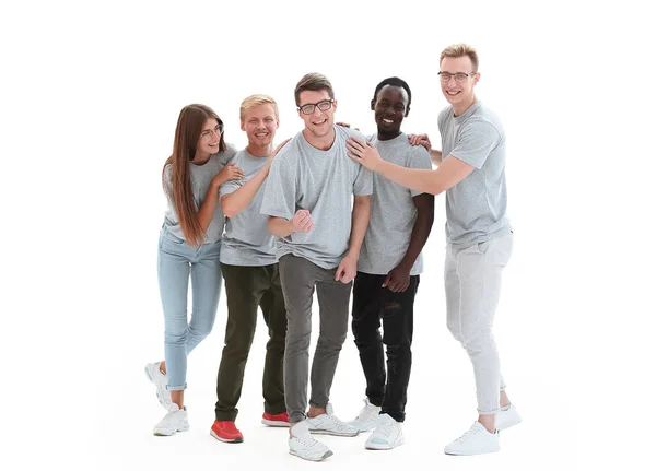 I full tillväxt. grupp av olika ungdomar i identiska t-shirts — Stockfoto