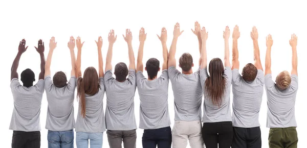 Rear view. a group of young like-minded people pointing upwards — Stock Photo, Image