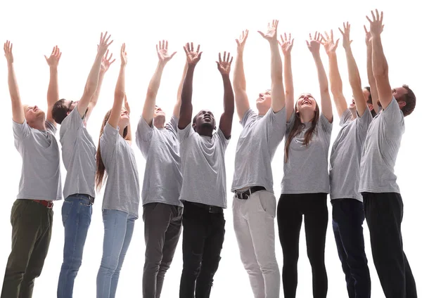 Happy young people stretching their hands up — Stock Photo, Image