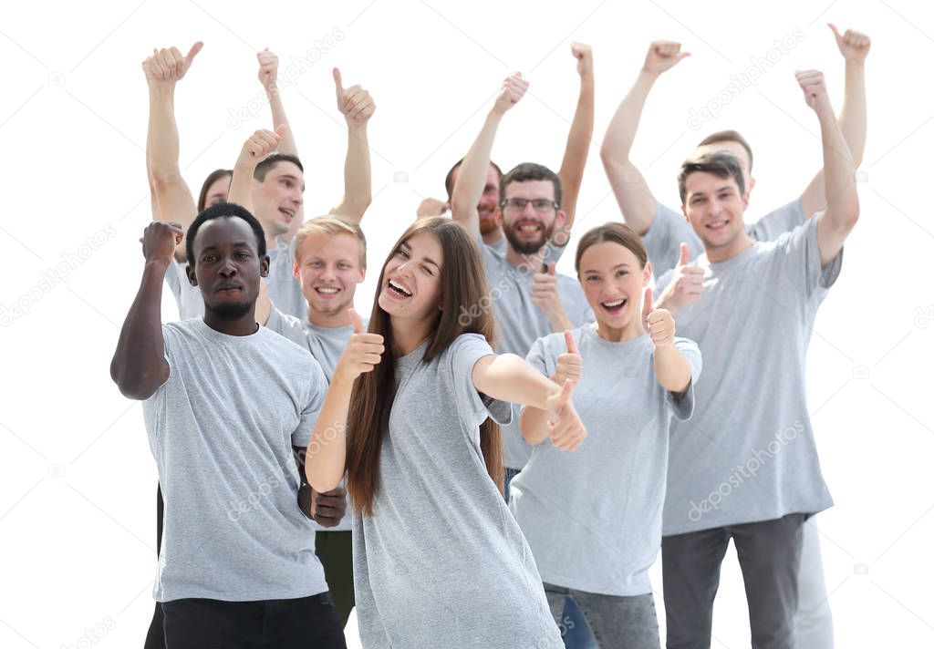 group of happy young people showing thumbs up.