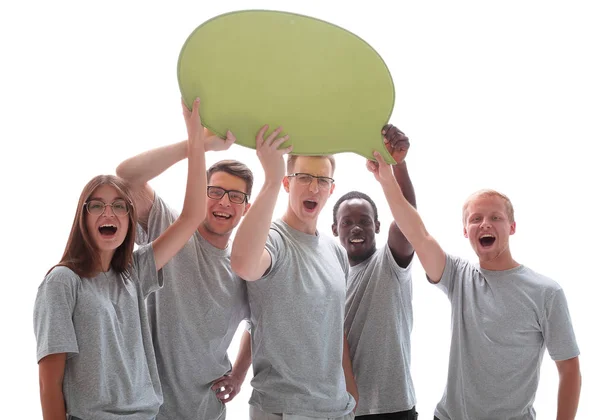 Close up. a group of diverse young people with a speech bubble — Stockfoto