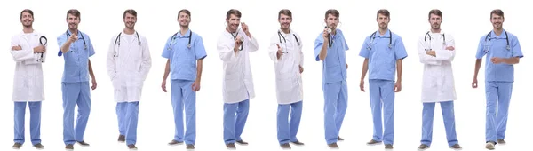 Tıp doktorlarından oluşan panoramik kolaj grubu. beyaz üzerine izole — Stok fotoğraf