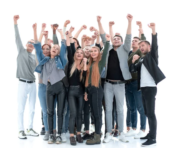 Bunte Gruppe fröhlicher junger Menschen steht zusammen — Stockfoto