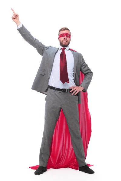 Confident superhero businessman pointing to copy space. — Stock Photo, Image