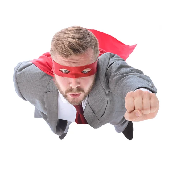 Flying superhero businessman looking at the camera. — Stock Photo, Image