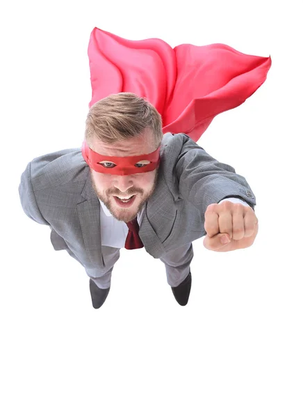 Flying superhero businessman looking at the camera. — Stock Photo, Image