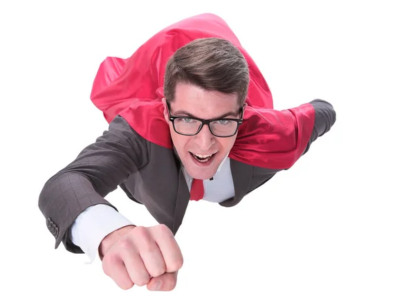 Confident superhero businessman is flying to you — Stock Photo, Image