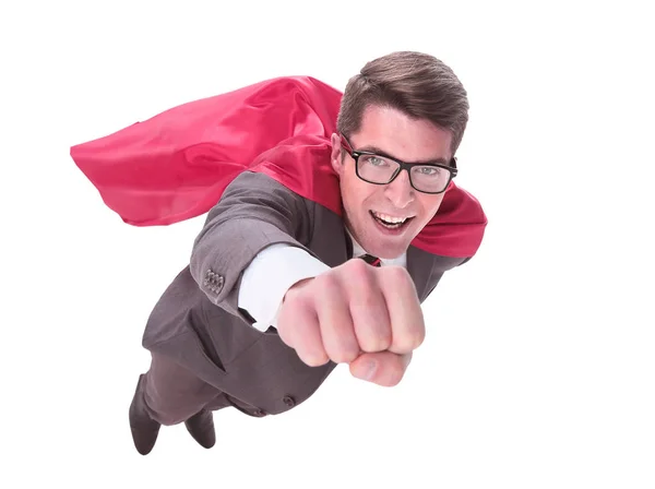 Confident superhero businessman is flying to you — Stock Photo, Image